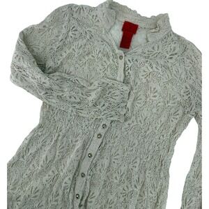 V Cristina Women Cream Floral Lace Smocked Waist Button Down Blouse Boho e Large